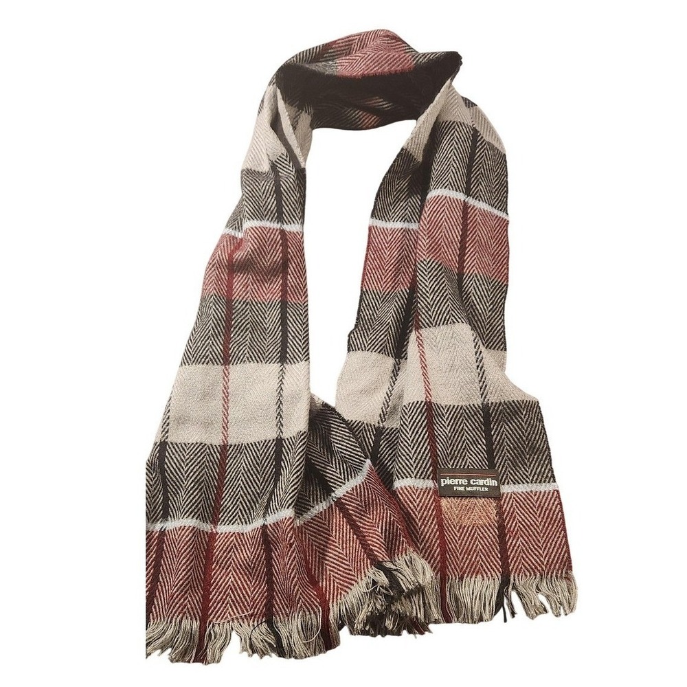 Vintage Pierre Cardin Fine Muffler Scarf Plaid Herringbone Fringed Unisex